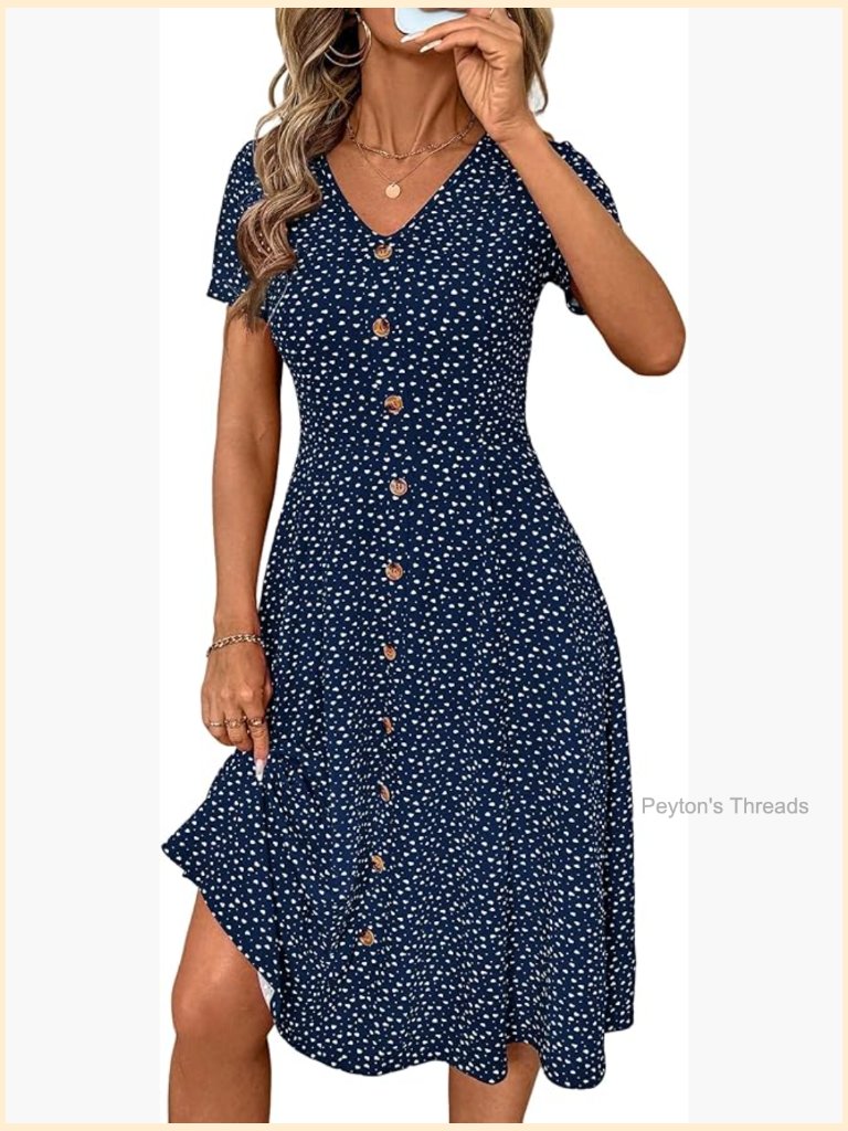 Plus Size Boho Beach Wedding Guest Midi Dress Short Sleeve Button Flowy